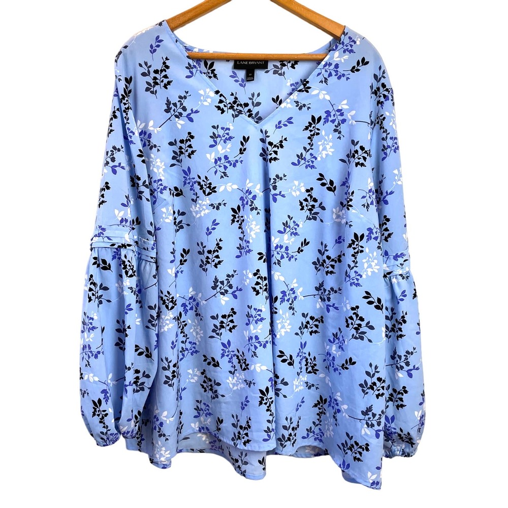 Lane Bryant Sz 22 Plus Blue Top w Black Purple Flowers Peasant Sleeves V-neck